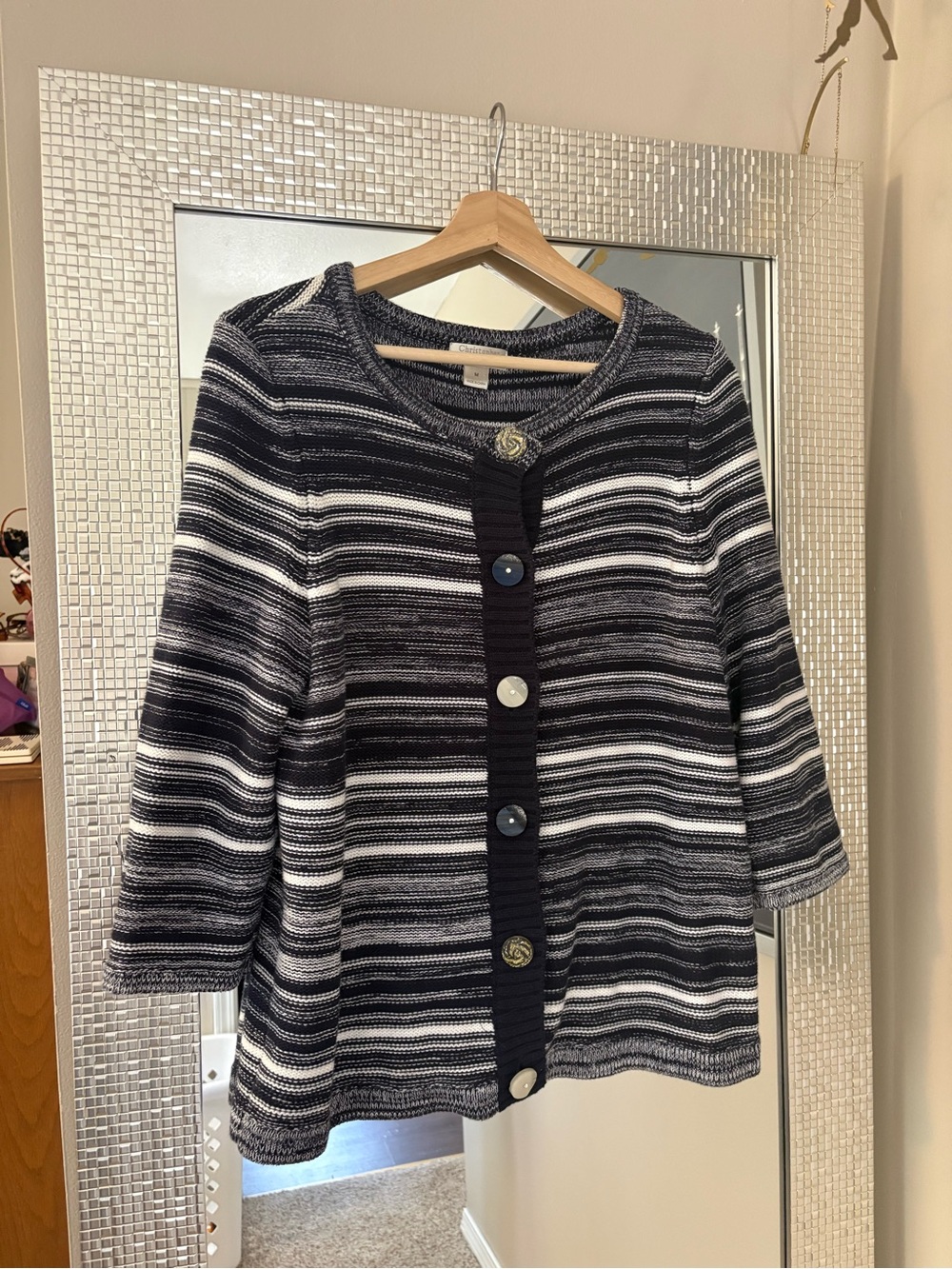 Vintage Christopher & Banks Striped Navy and White Button-Front Women's Sweater